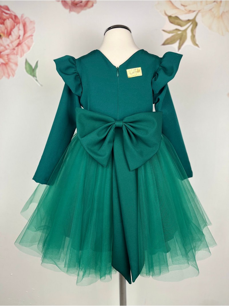 Dievčenské spoločenské zelené šaty s mašľou