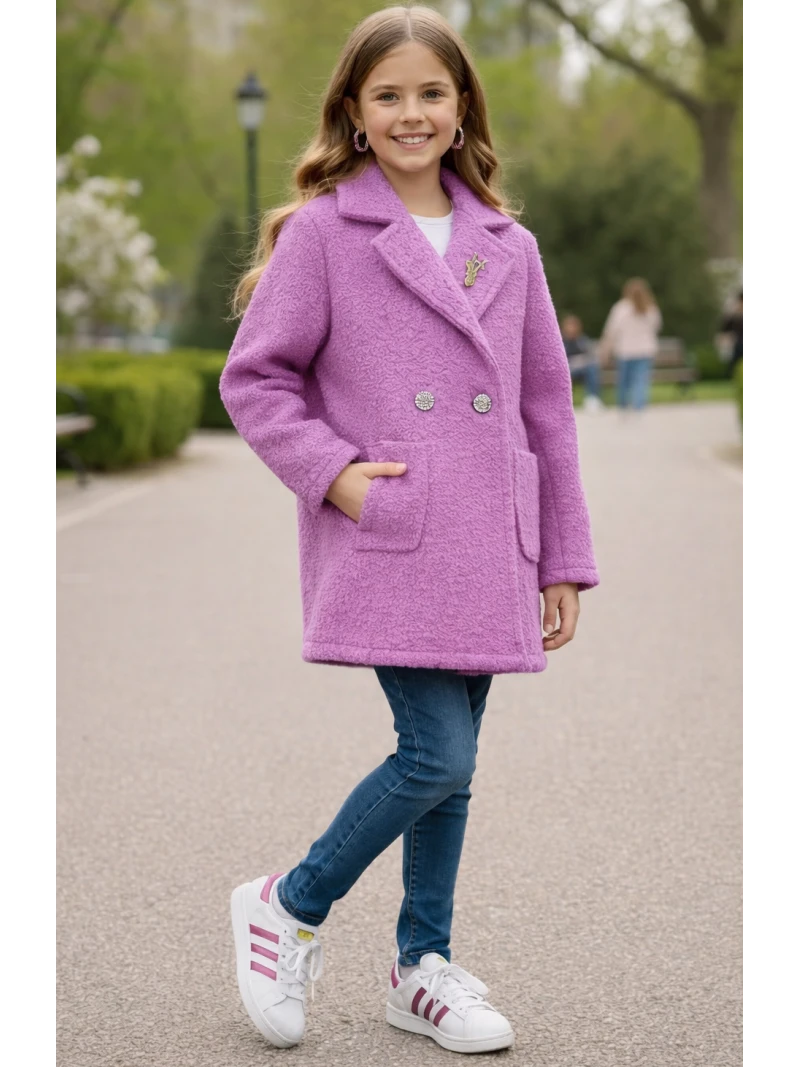 Dievčenský jarný kabát s brošňou 3 farby