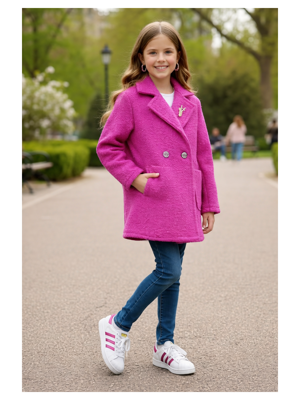 Dievčenský jarný kabát s brošňou 3 farby