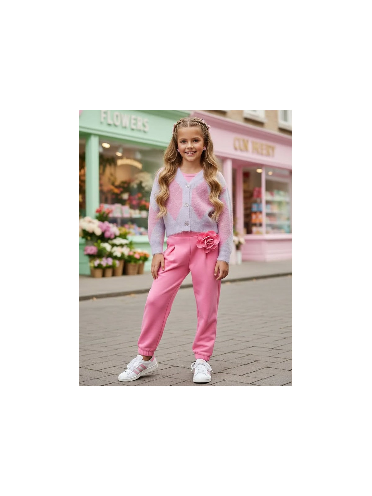 Dievčenské nohavice s kvetinovou brošňou