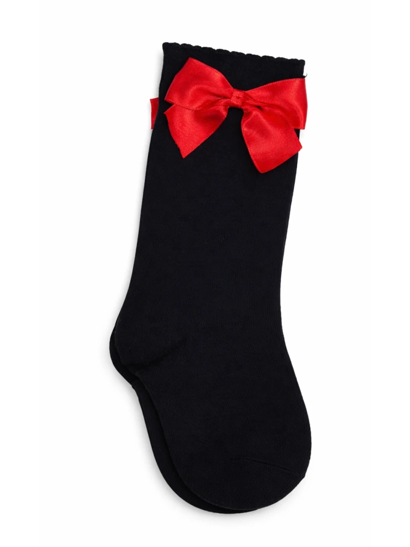 Dievčenské podkolienky čierne s červenou mašľou