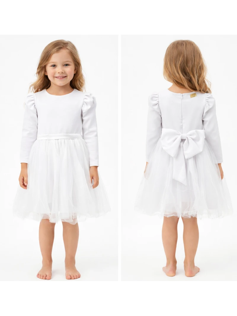 Dievčenské spoločenské biele šaty s mašľou