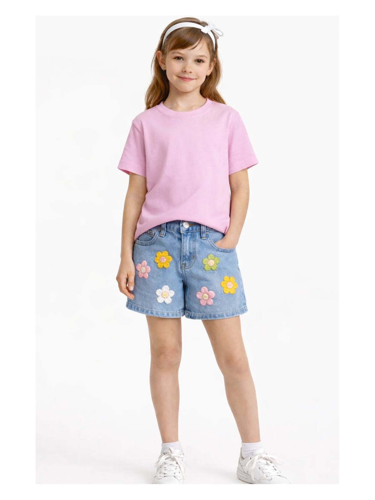 Dievčenské rifľové kraťasy s 3D kvetmi