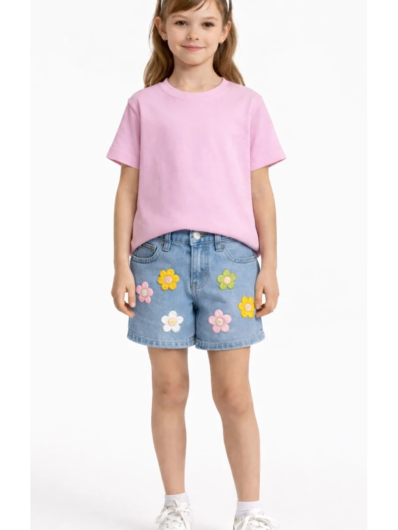 Dievčenské rifľové kraťasy s 3D kvetmi