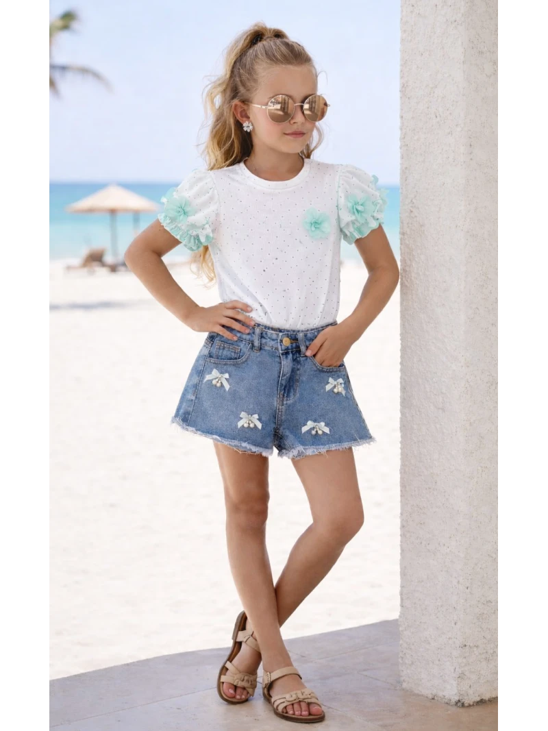 Dievčenské tričko s kvetmi a zirkónmi 2 farby