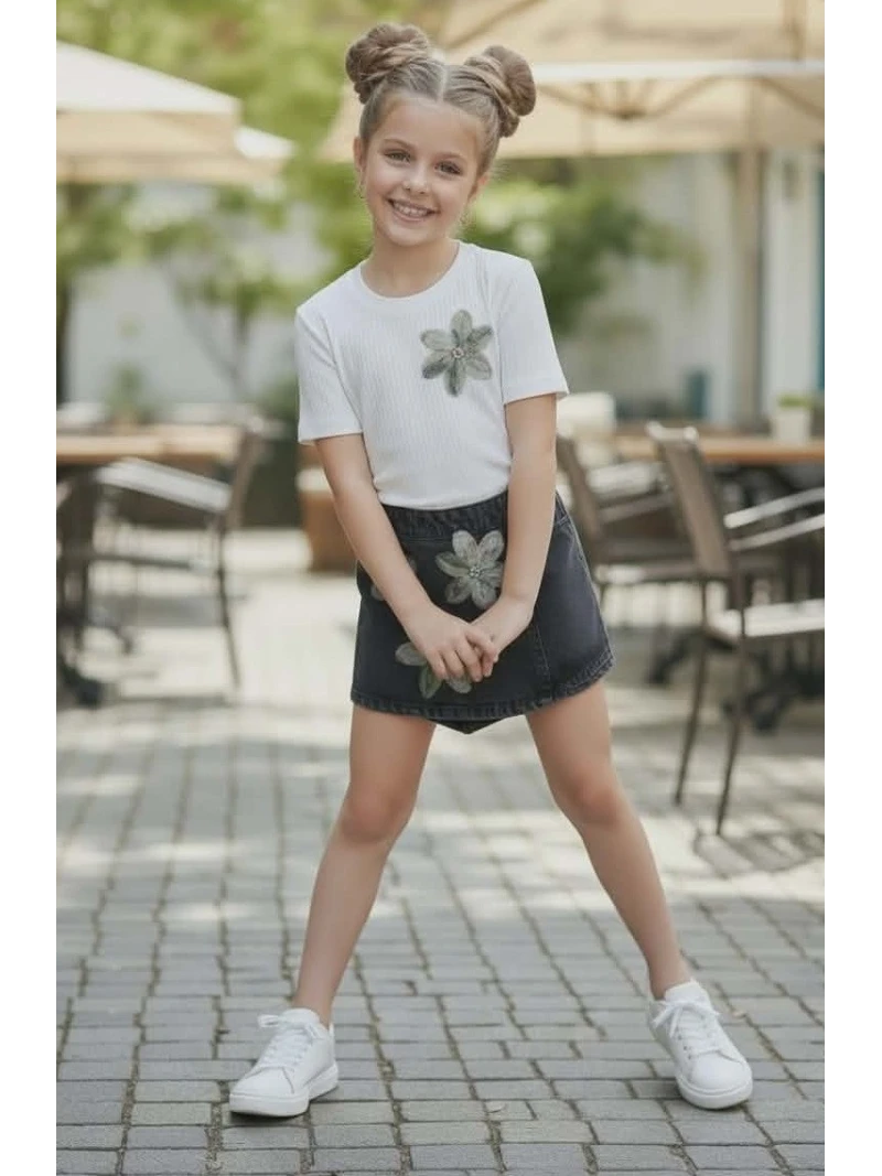 Dievčenský komplet- tričko a rifľové sukňokraťasy