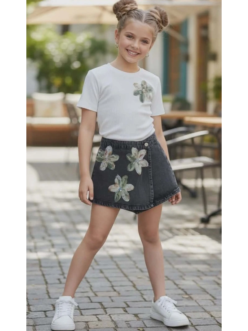 Dievčenský komplet- tričko a rifľové sukňokraťasy