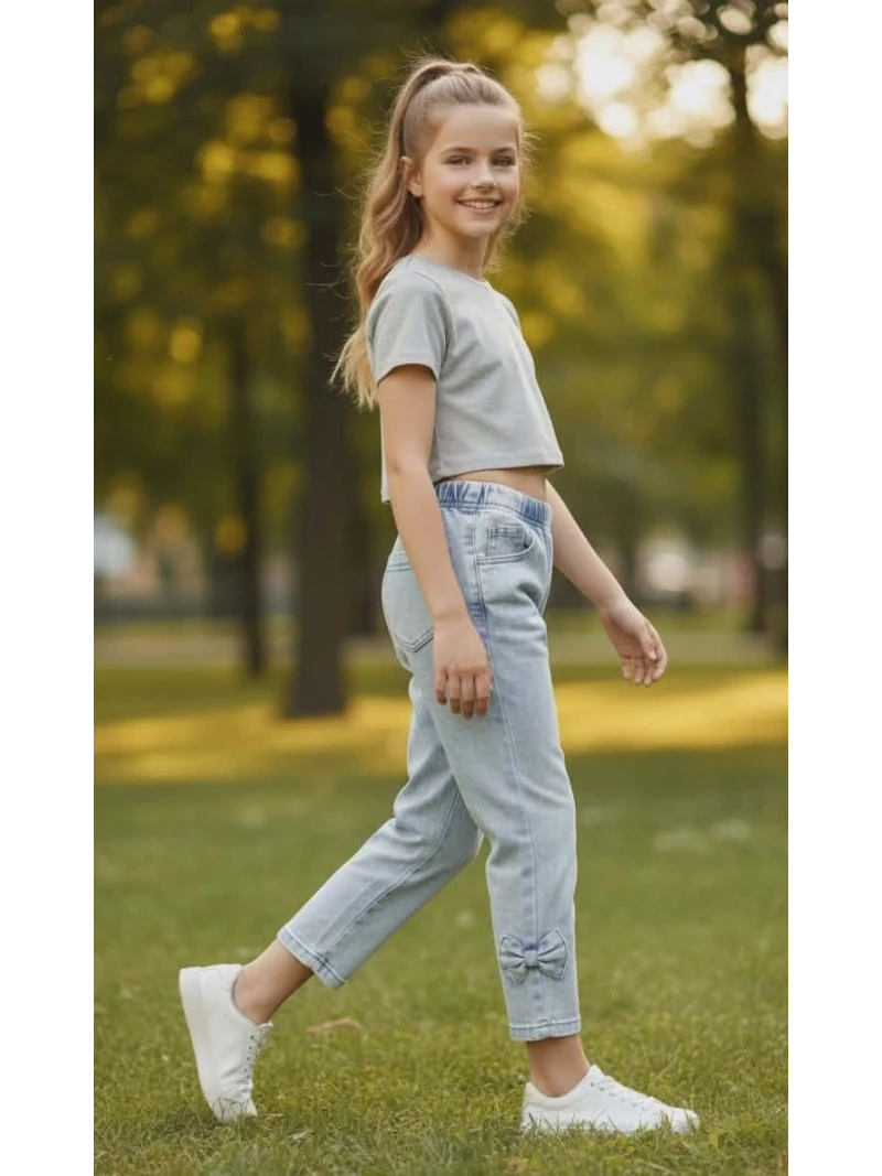 Dievčenské legíny rifľového vzhľadu s mašľami