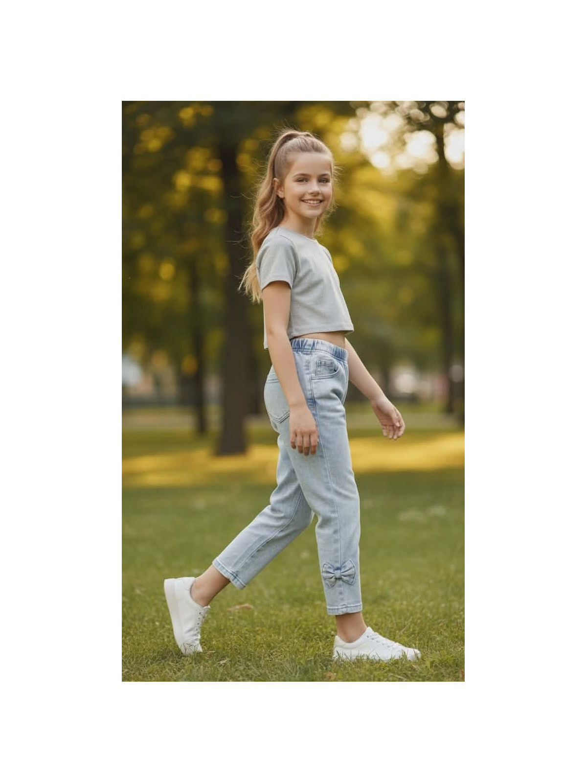 Dievčenské legíny rifľového vzhľadu s mašľami