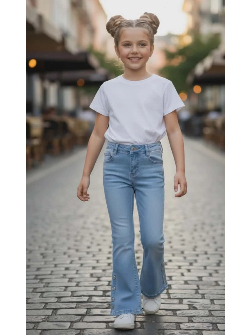 Dievčenské zvonové rifle zdobené gombíkmi